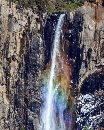 Bridalveil Falls with rainbow colors, Yosemite Valley, California